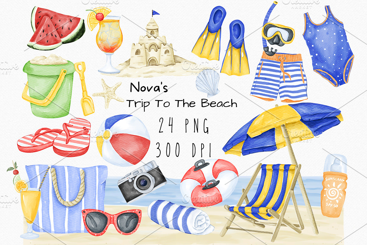 Watercolor Summer Beach Set, an Illustration by MiracleArtAndDesign (Photo 1 of 4)