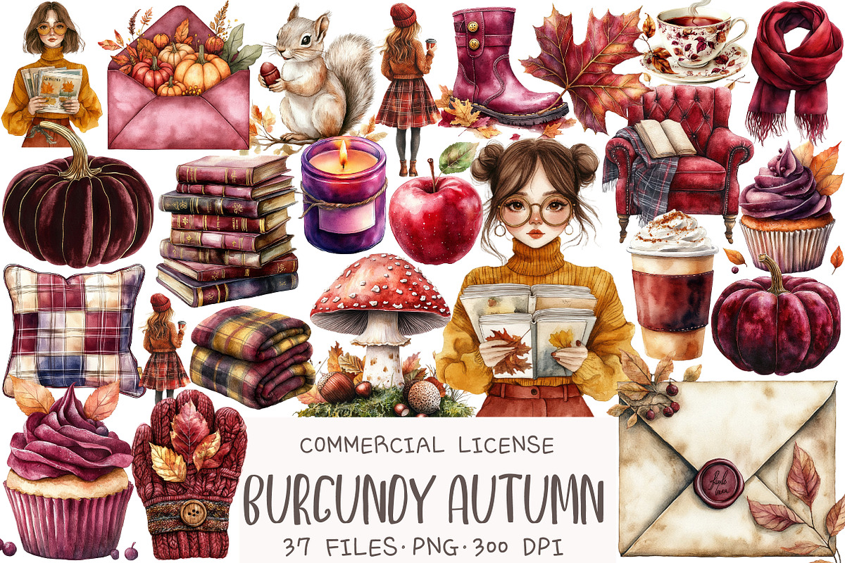 Watercolor Burgundy Autumn Clipart, an Illustration by OK Design (Photo 1 of 5)