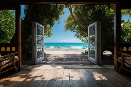 Open Door from a Tropical Wooden Cabin Leading to Stunning Beach View, a Photo by AS photostudio
