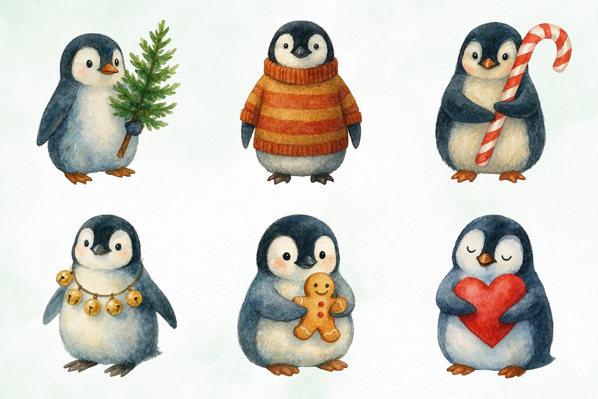 Watercolor Cute Christmas Penguins, an Illustration by Creative Art (Photo 6 of 10)