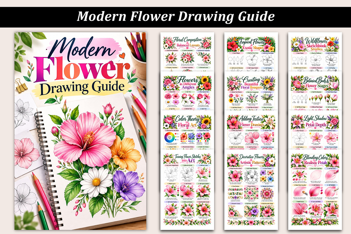 Modern Flower Drawing Guide, a Stationery Template by Designmela01 (Photo 1 of 5)
