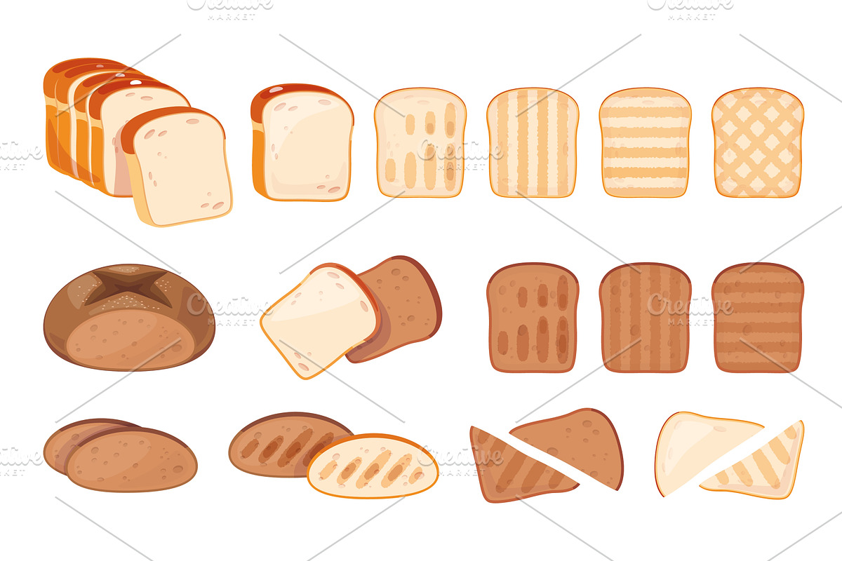 Cartoon toasts. Different types of, a Food Illustration by YummyBuum