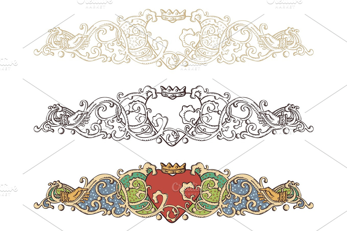 Set of renaissance crowned heart borders, a Decorative Illustration by separisa