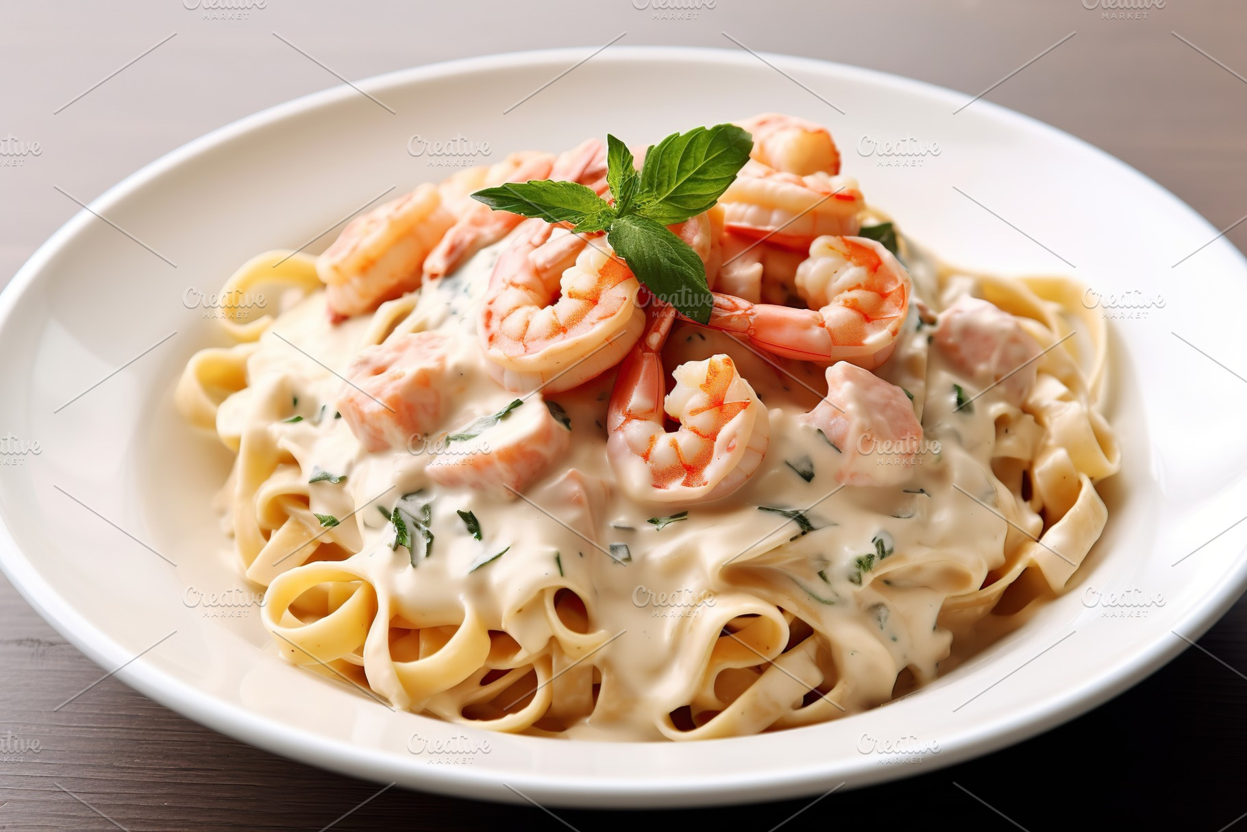 Italian pasta with creamy sauce and shrimp on plate. Generative aI, a Food & Drink Photo by AlyaAnd