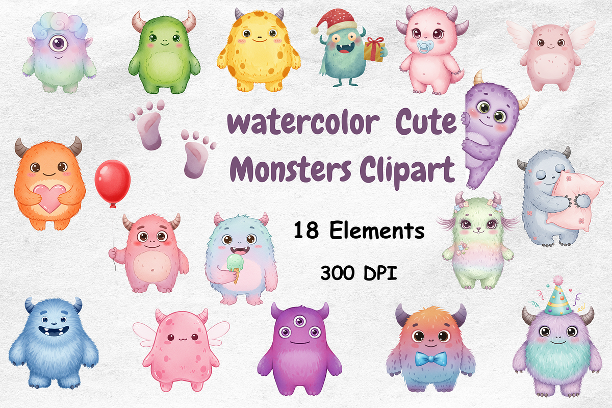 Watercolor Cute Monsters Clipart, a Decorative Illustration by BerryPieArt (Photo 1 of 4)