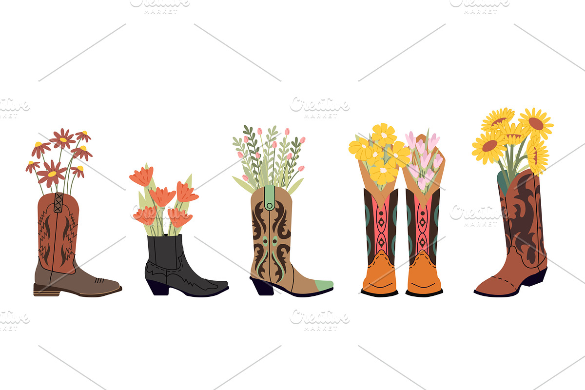 Cowboy boots with floral bouquets, an Illustration by Valerie Bodnar