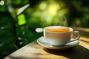 Cup of tea on blurred green background, a Food & Drink Photo by AlyaAnd