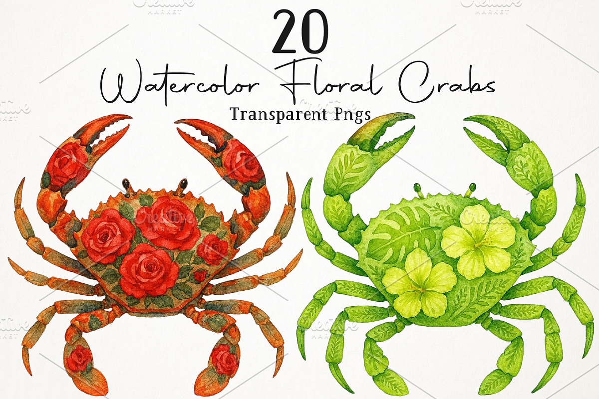 Watercolor Floral Crabs PNG Clipart, an Animal Illustration by RobertsArt (Photo 1 of 6)