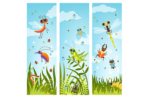 Vertical Web Banners With Illustrations Of Cartoon Insects