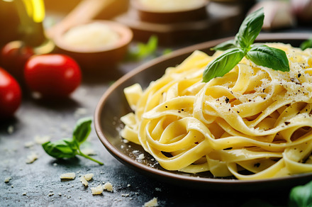 Fettuccine pasta with truffle served on a rustic table during a gourmet meal, a Food & Drink Photo by AlyaAnd