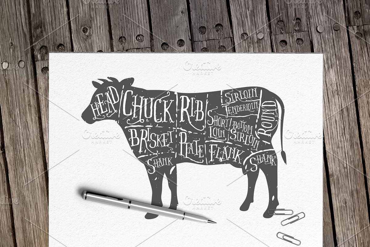 Vintage butcher cuts of beef diagram, an Animal Illustration by 1baranov (Photo 2 of 2)