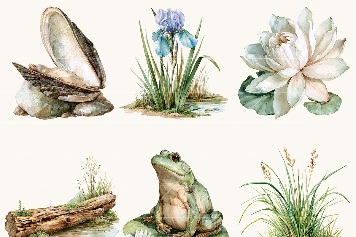 Watercolor Summer Pond Nature, an Object Illustration by BusyDaydesign (Photo 2 of 9)