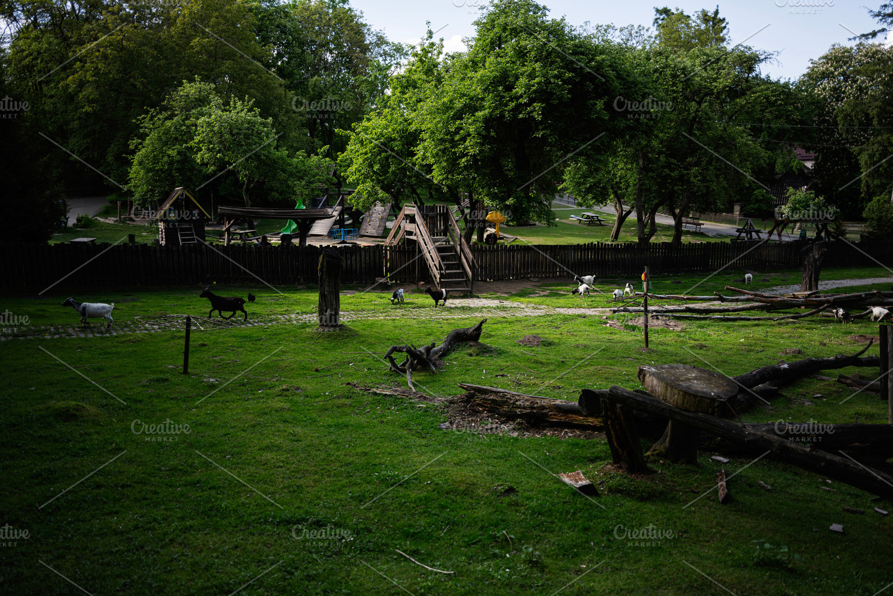 Rustic animal enclosure with playground and wooden fence surrounded by green la, a Photo by AS photostudio