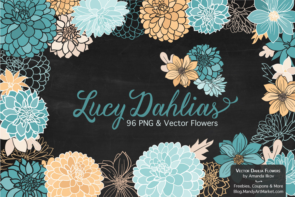 Vintage Blue Dahlia Clipart Vectors, an Illustration by Amanda Ilkov (Photo 2 of 4)