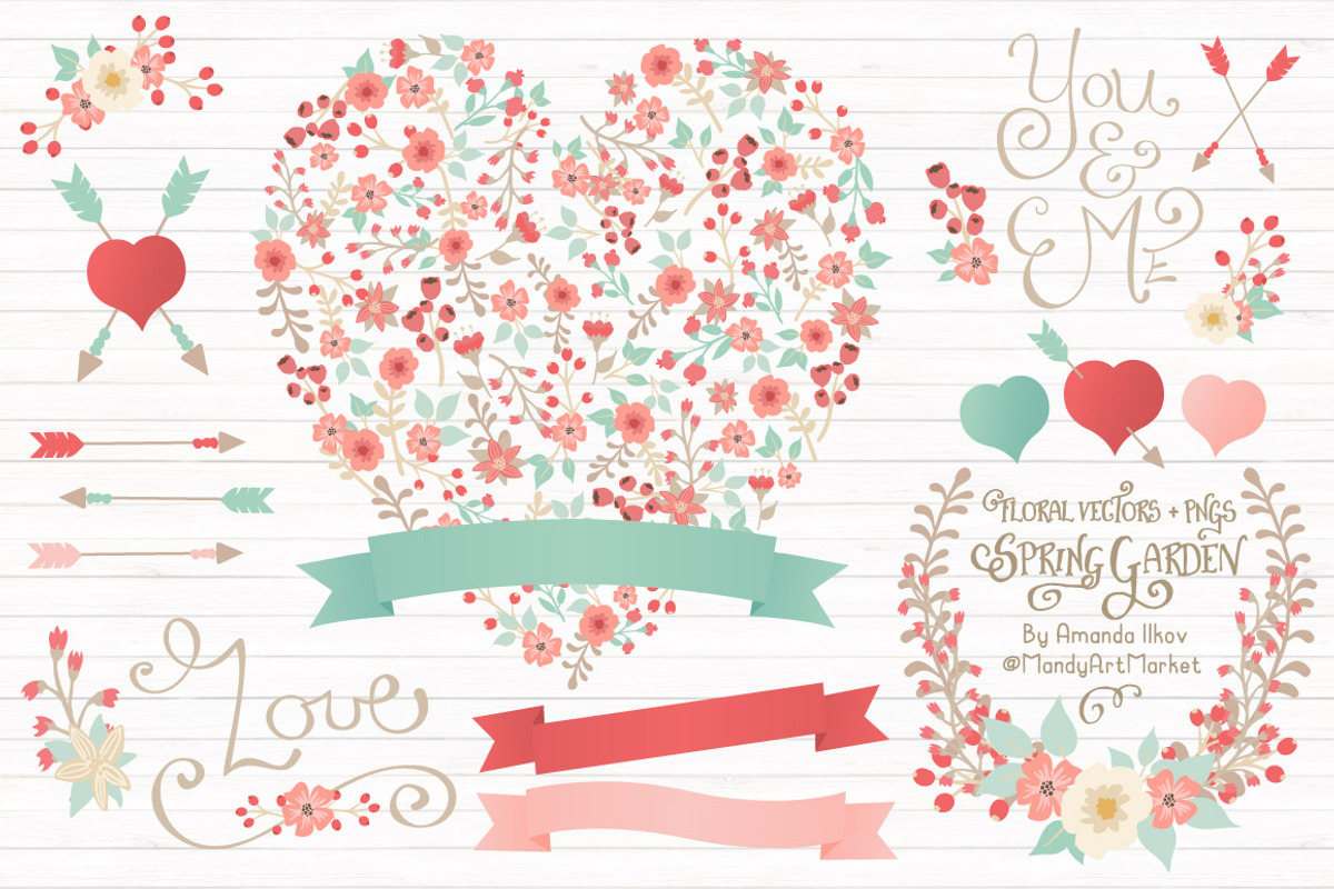 Mint & Coral Floral Heart & Banners, an Illustration by Amanda Ilkov (Photo 1 of 4)