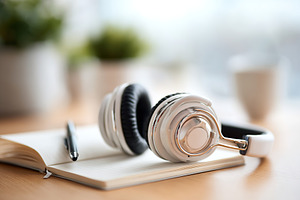 Notebook mockup with pen and headphones on a desk by a window in a modern works, a Technology Photo by AlyaAnd