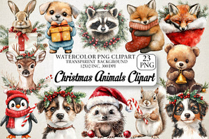 Christmas Animals Watercolor Clipart, an Illustration by DreamPrint404