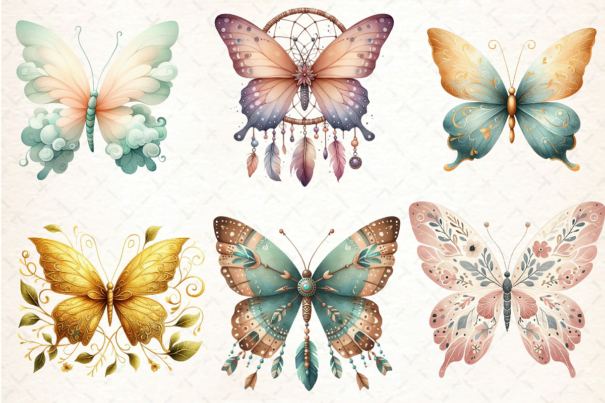 Watercolor Boho Butterfly Clipart, an Illustration by DreamCafeArt (Photo 3 of 7)