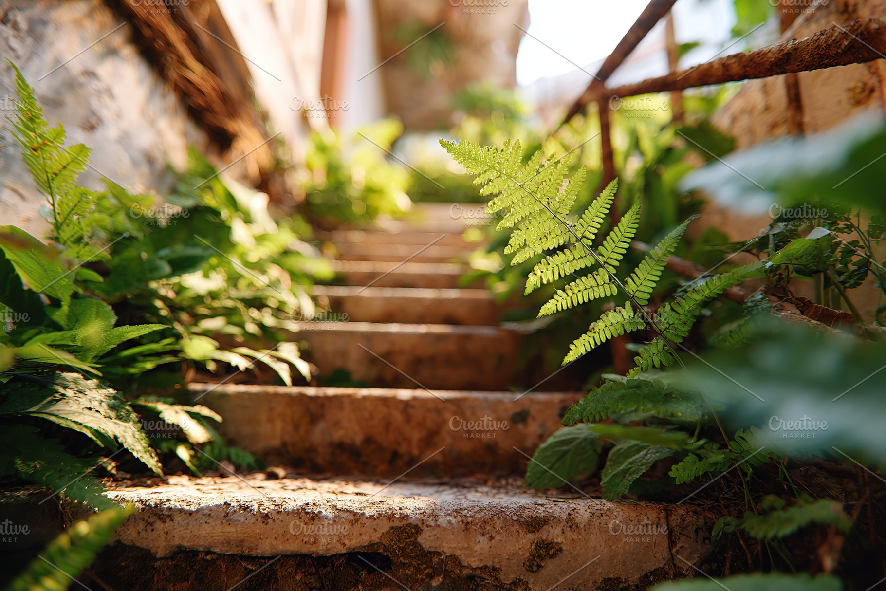 Lush green ferns thrive on weathered stone steps in an abandoned location durin, a Photo by AlyaAnd