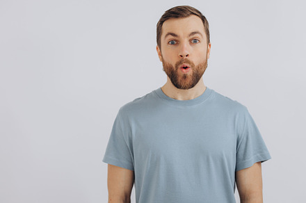 Portrait of a modern bearded middle-aged man in a blue t-shirt s, a Person Photo by Cherkas Photography