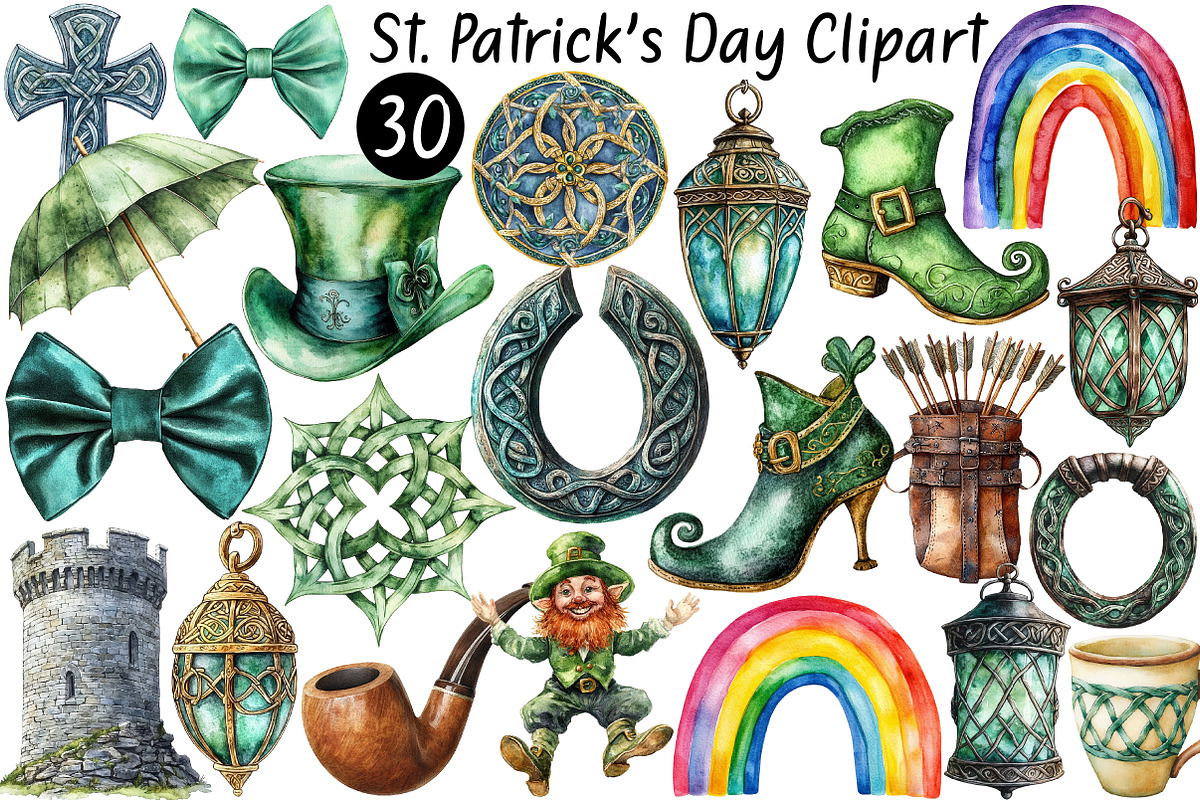 Watercolor St. Patrick's Day Clipart, a Seasonal Illustration by CitraGraphics (Photo 1 of 6)