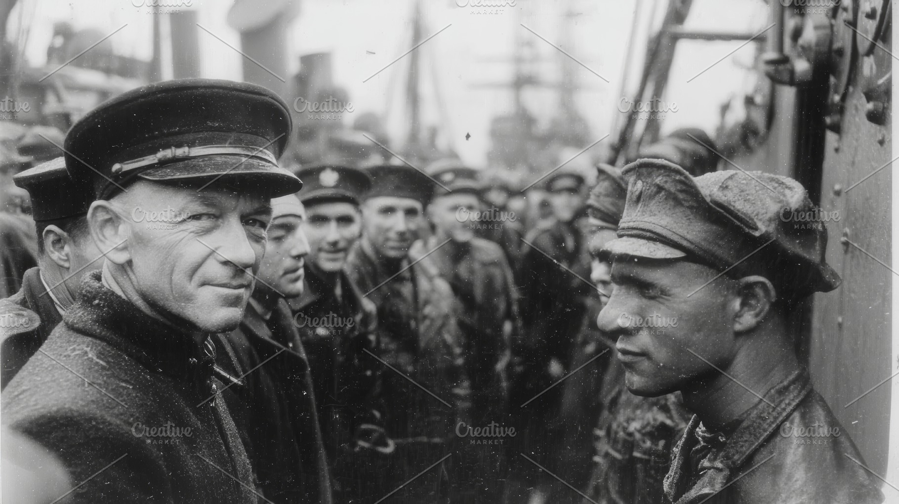Black and white photograph of military crew members onboard a naval ship, a Photo by AS photostudio