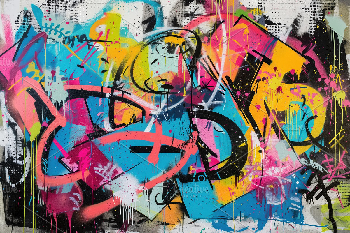 A vibrant graffiti mural featuring a mix of bright colors including pink, yello, a Background Graphic by Textures & Backgrounds