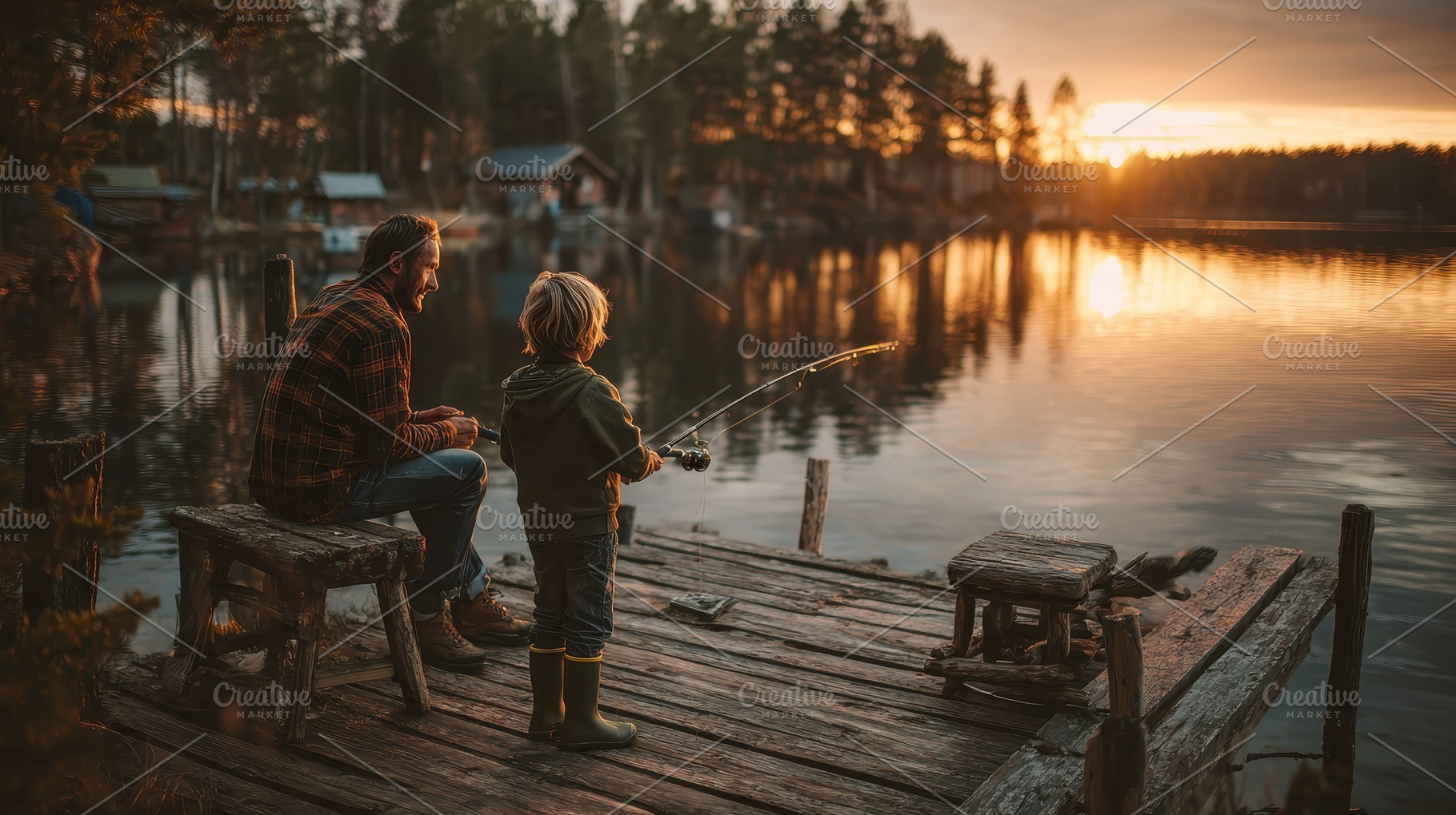 Father and son fishing at sunset on, a Photo by Pixeness Studio