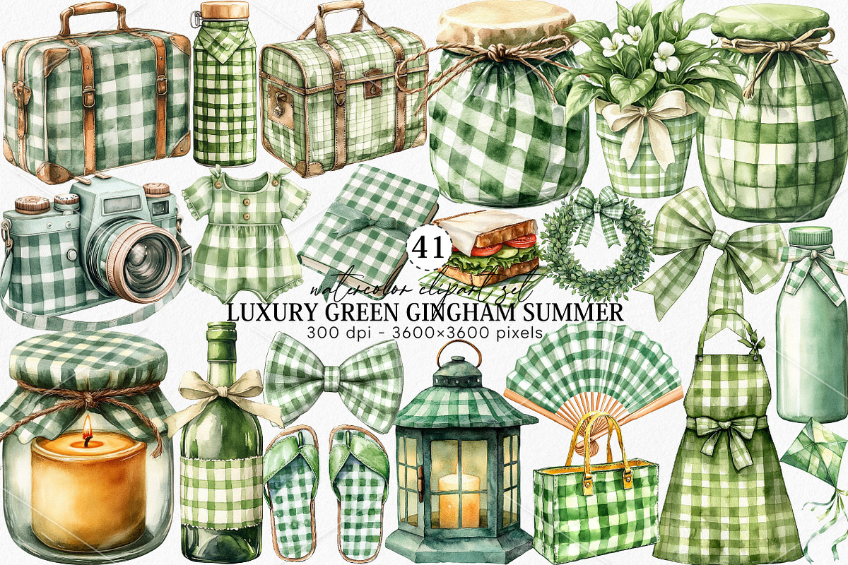 Luxury Green Gingham Summer Clipart, an Illustration by Canvas Craft (Photo 1 of 7)