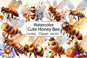 Watercolor Cute Honey Bee Clipart, an Illustration by CraftArtStudio