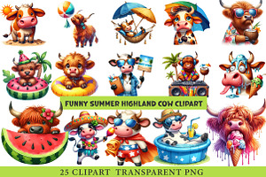 Funny Summer Highland Cow Clipart, an Illustration by cherrydesign