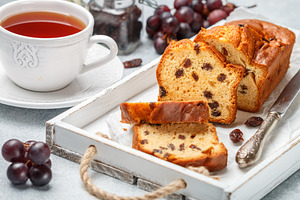 Freshly baked cake with raisin