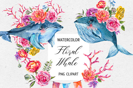 Floral Whale Watercolor Clipart