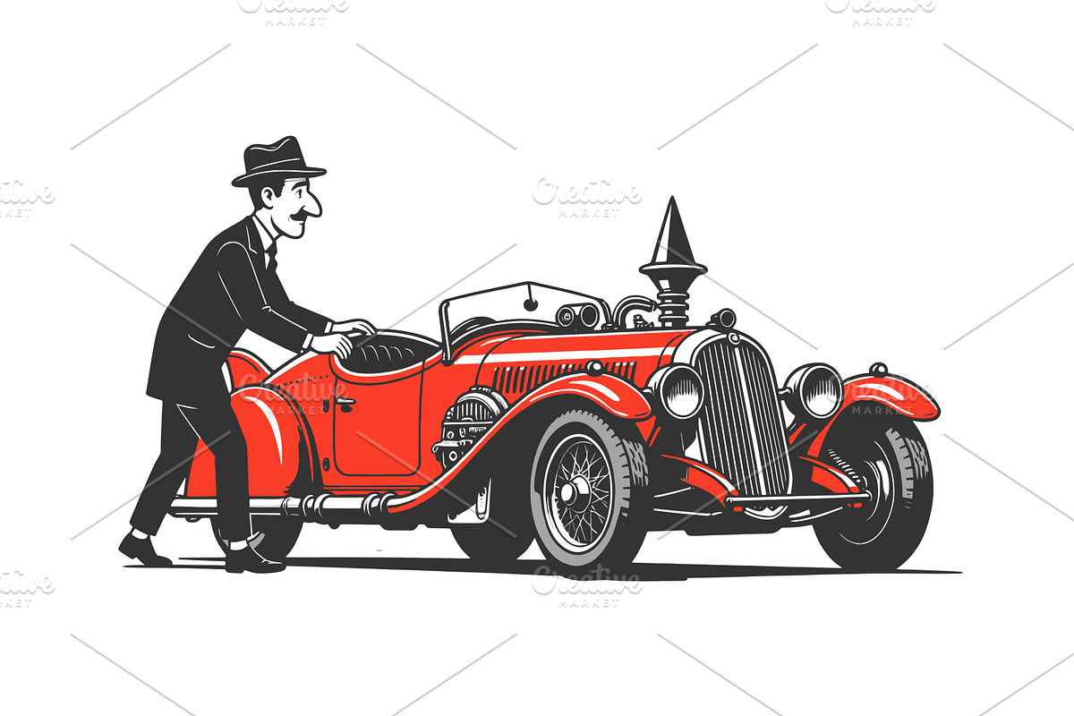Man Pushing Vintage Red Classic, a Transportation Illustration by AlexArt