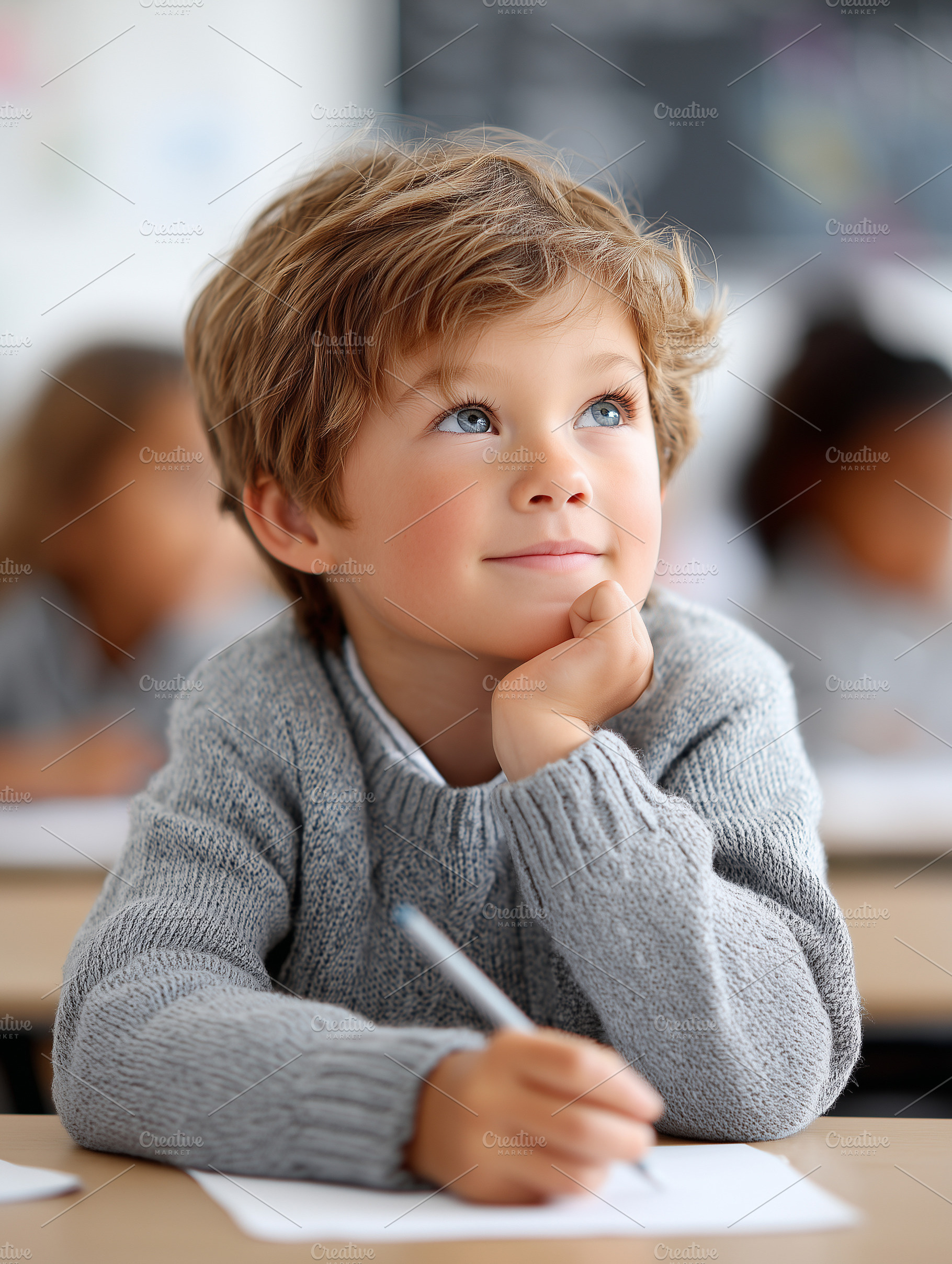 Thoughtful young boy sitting in, a School & Education Photo by MistyDay