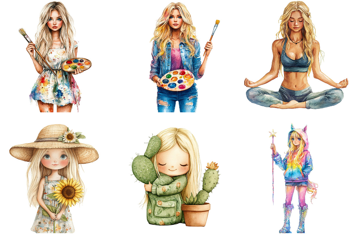 Watercolor Blonde Quirky Girl, a Seasonal Illustration by DreamArtGraphic (Photo 4 of 4)