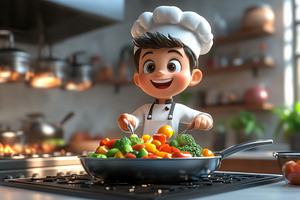 Young chef preparing a colorful vege, a Photo by Tanuart