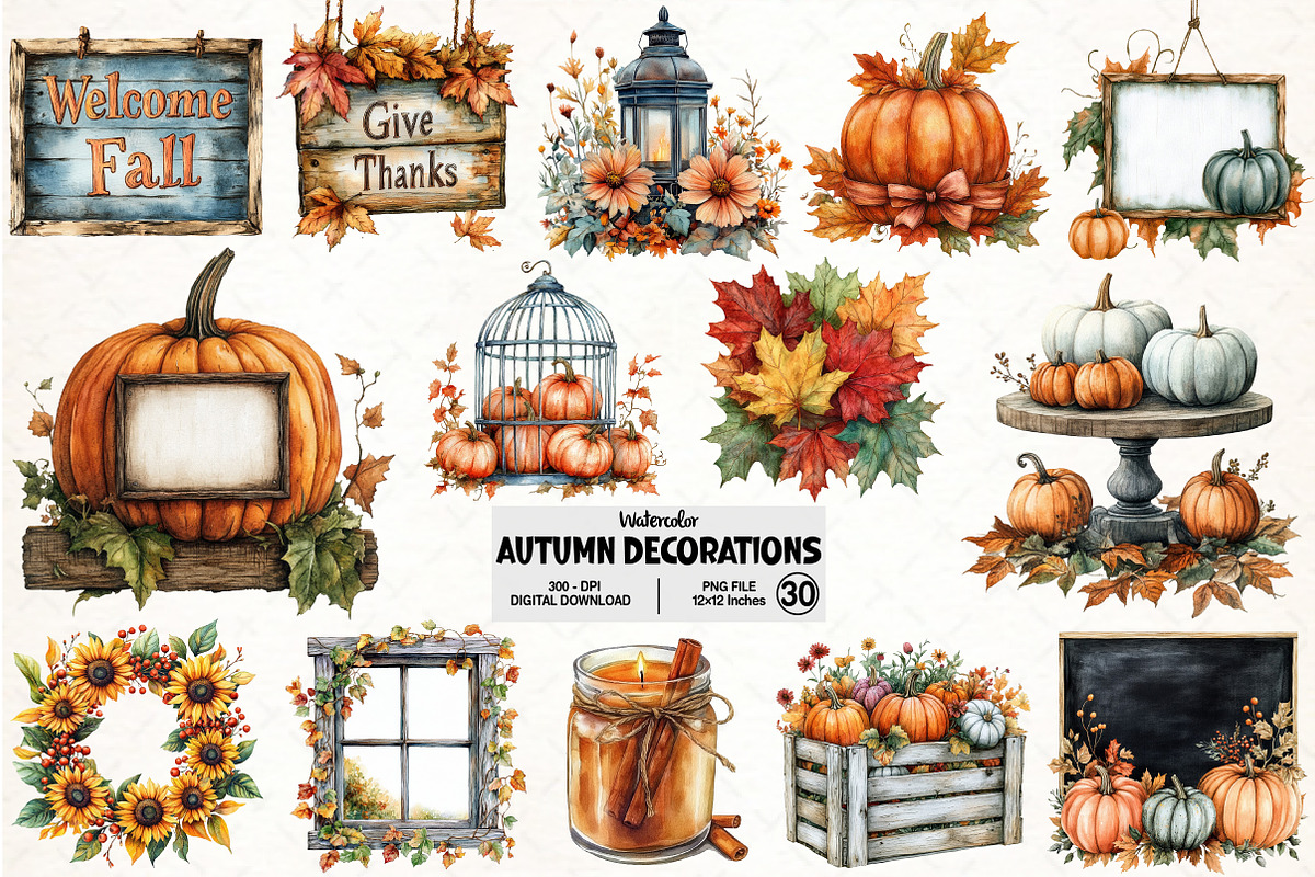 Watercolor Autumn Decorations Clipar, an Illustration by Pixels.Craft (Photo 1 of 7)