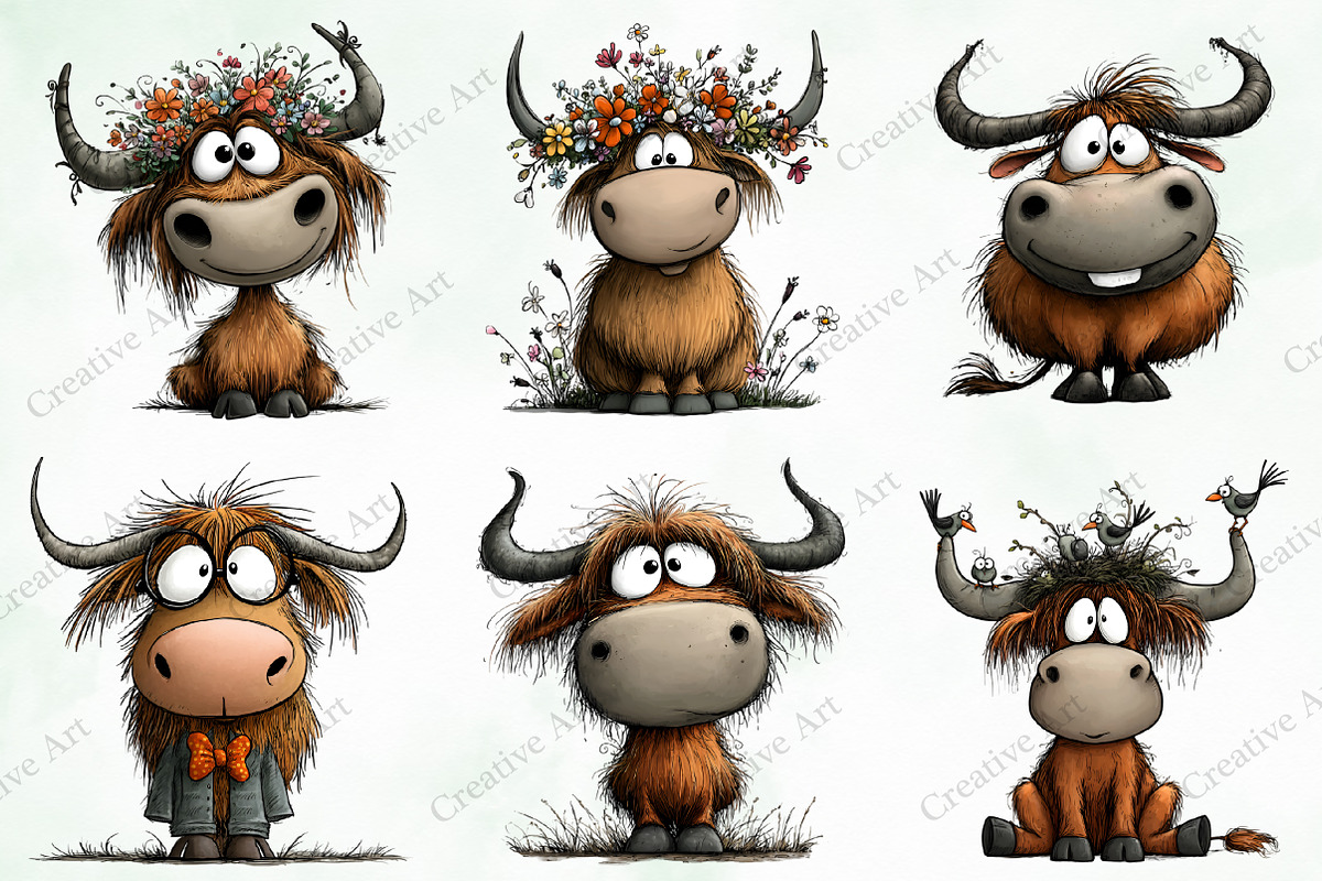 Whimsical Highland Cow Clipart, an Illustration by Creative Art (Photo 3 of 10)