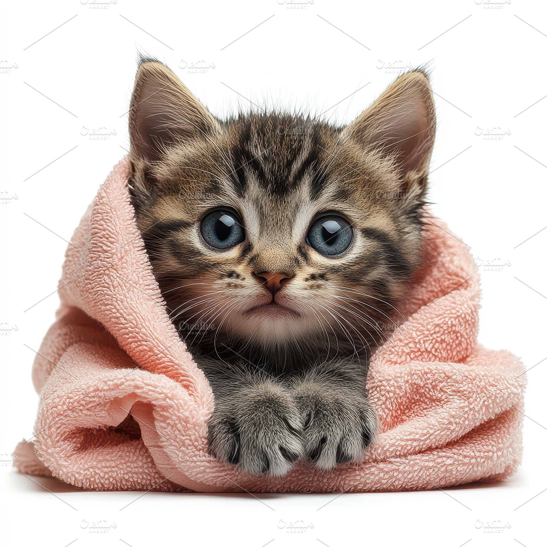 Cute kitten nestled in a pink towel, an Animal Photo by Pixeness Studio