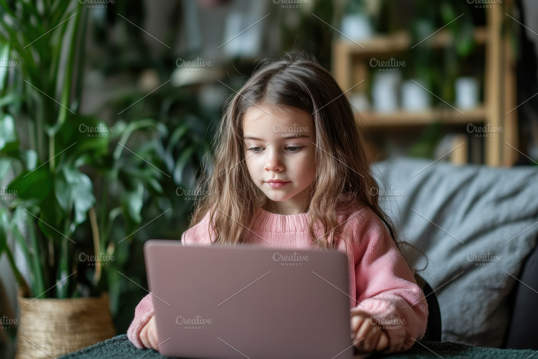 Cute little girl focused on laptop, a Photo by Pavel_design