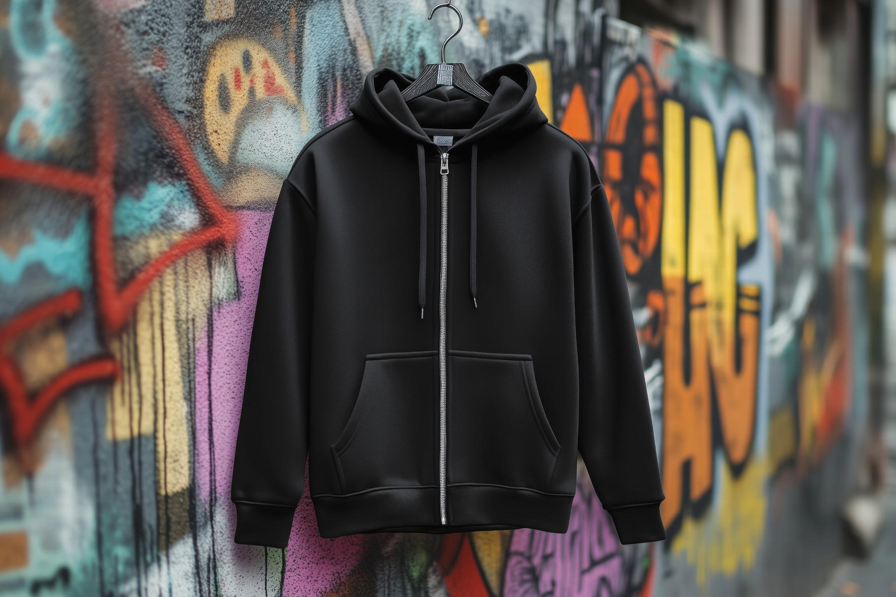 A black zipped zip-up hoodie mockup hanging on a hanger against a ...