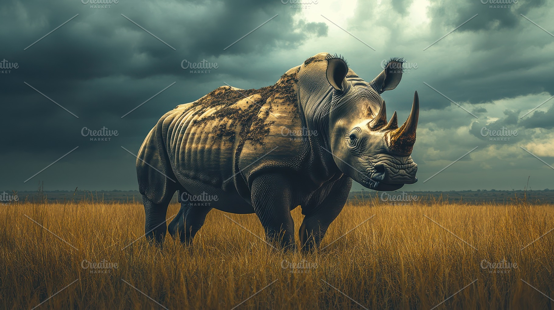 A rhinoceros stands powerfully in a, an Animal Photo by Pixeness Studio