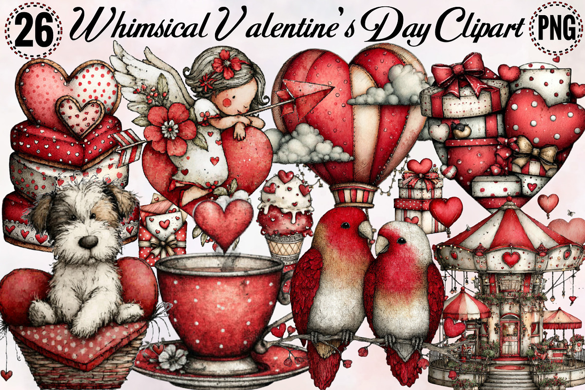 Whimsical Valentines Day Clipart Bu, an Illustration by SVGArt (Photo 1 of 8)
