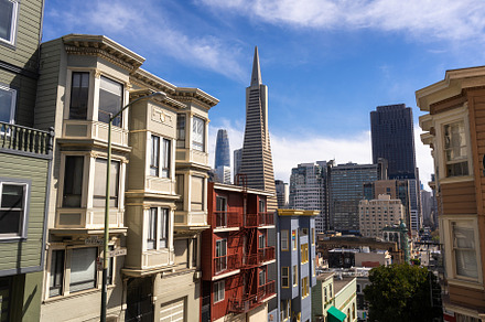 Steep street view with downtown skyline in San Francisco, USA, an Architecture Photo by GoodGoods