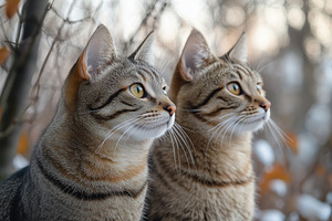 Two tabby cats sitting side by side, gazing into the distance. Their fur is a m, an Animal Photo by Textures & Backgrounds