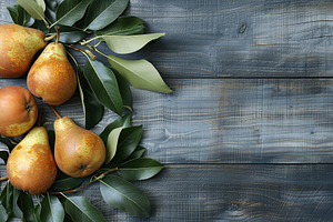 Red pears with leafs and copyspace for text on wooden table, a Food & Drink Photo by AlyaAnd