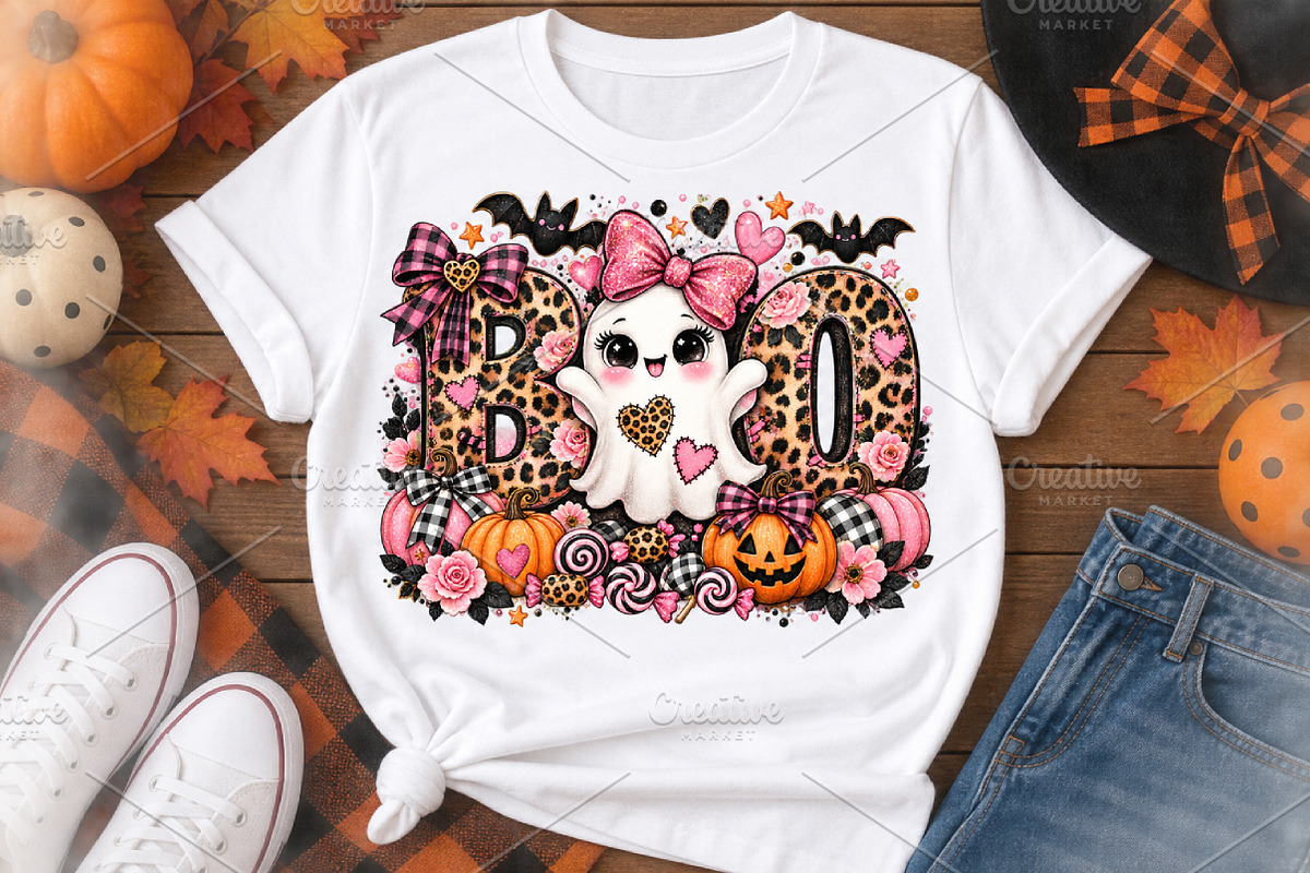 Pink Leopard Boo Ghost Halloween PNG, a Seasonal Illustration by Watercolor design (Photo 1 of 3)