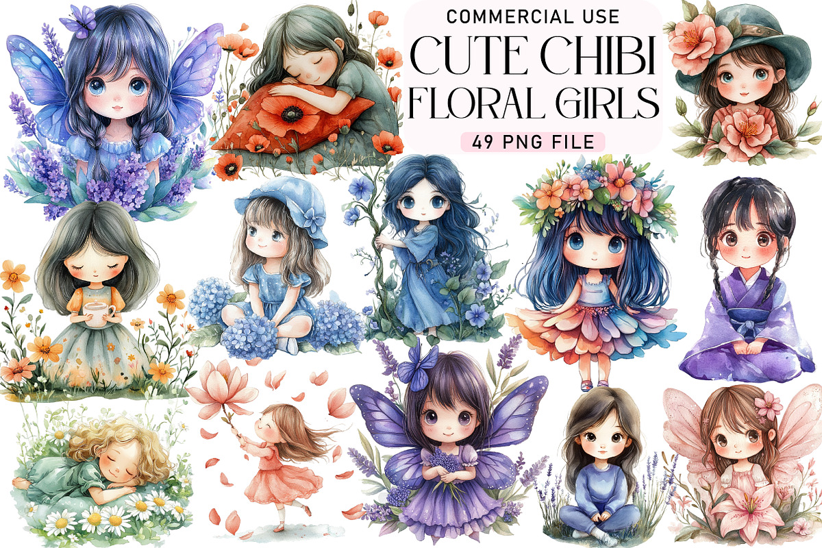 Cute Chibi Floral Girls Clipart, an Illustration by Daily.Designs (Photo 1 of 5)