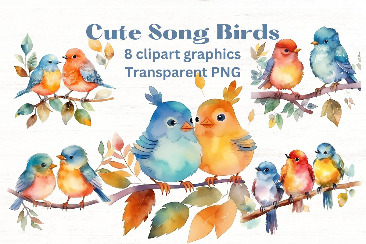 Cute Song Birds Watercolor Clipart, an Animal Illustration by Mermaids Cove (Photo 1 of 9)